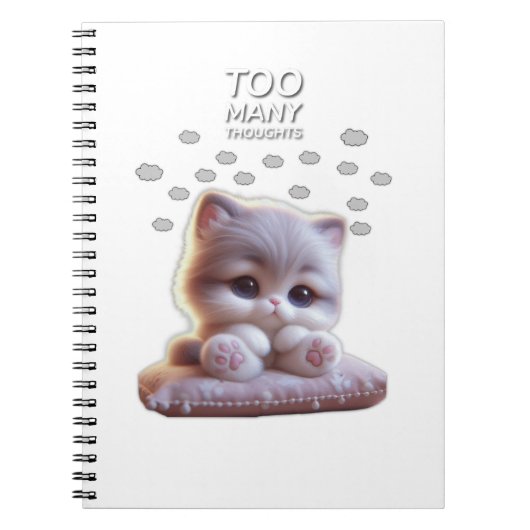 Too Many Thoughts Cat Notebook – Cute Overthinking Notitieboek (Voorkant)