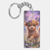 "Too Rare To Care" keychain Highland Cow Unicorn (Voorkant Links)