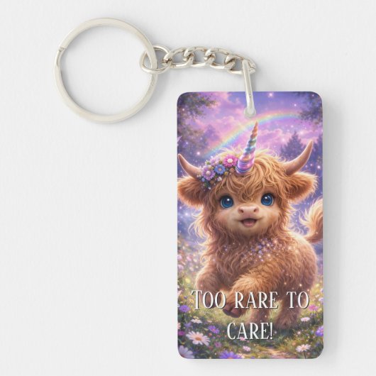 "Too Rare To Care" keychain Highland Cow Unicorn (Voorkant)