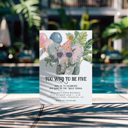 Too Wild to Be Five Elephant Jungle Birthday Kaart