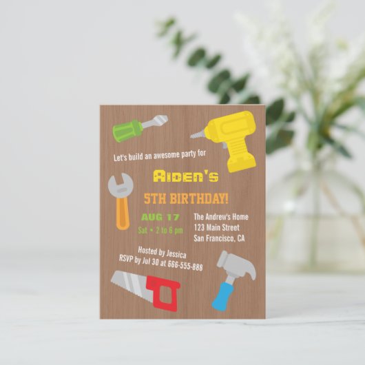 Tool Workshop Jongens Verjaardagsfeest Uitnodiging (Staand voorkant)