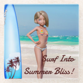 Toon Surfer meisje poseren op de kust Glazen Onderzetter