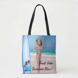 Toon Surfer meisje poseren op de kust Tote Bag