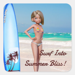 Toon Surfer meisje poseren op de kust Vierkante Sticker