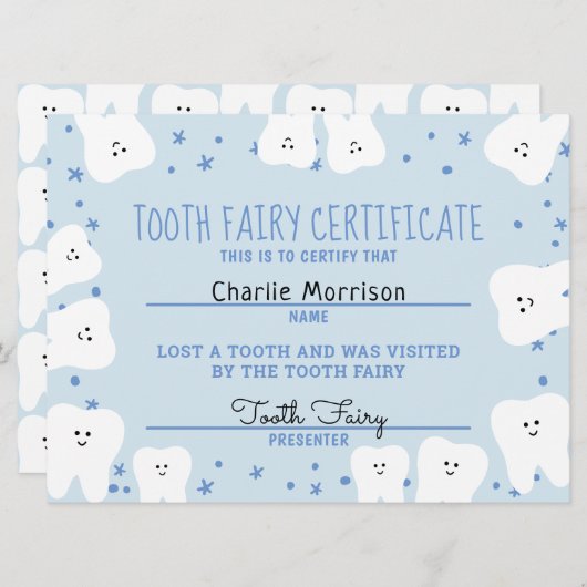 Tooth Fairy Certificate Boy Kaart (Voorkant / Achterkant)