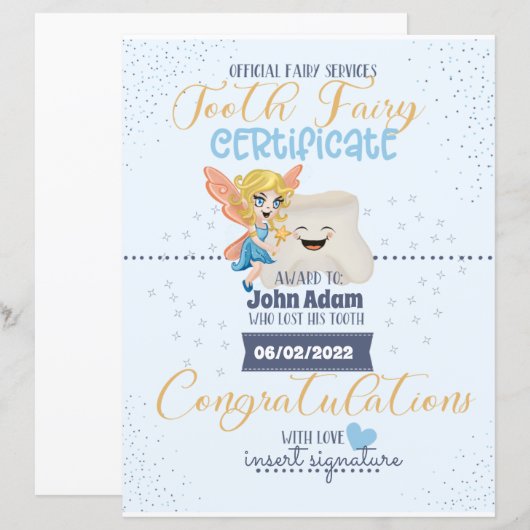 Tooth Fairy Certificate for boys Nursery Sign (Voorkant / Achterkant)