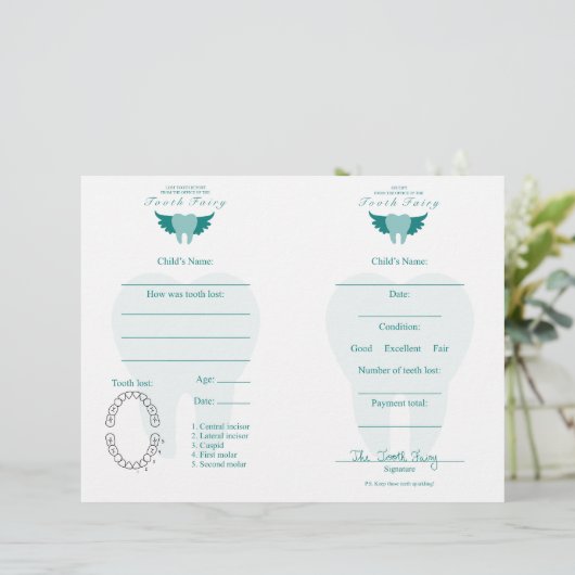 Tooth Fairy Letter & Receipt Blauwgroen (Staand voorkant)