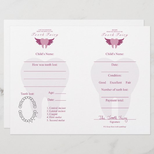 Tooth Fairy Letter & Receipt Pink (Voorkant / Achterkant)