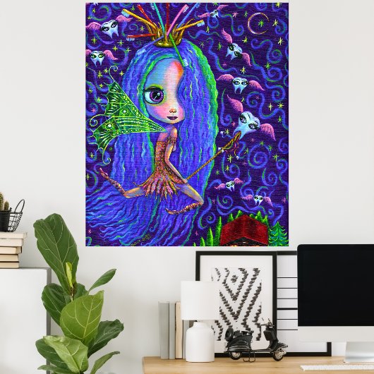 Tooth Fairy met Toothborstelkroonkroon & Flying Te Poster (Thuiskantoor)