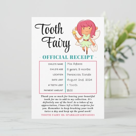 Tooth Fairy Receipt Tooth Loth Certificate Kaart (Staand voorkant)