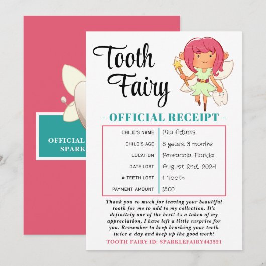 Tooth Fairy Receipt Tooth Loth Certificate Kaart (Voorkant / Achterkant)