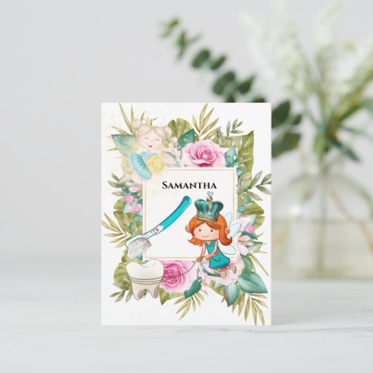 Tooth fairy | roos van prinses tandpenseel briefkaart (Staand voorkant)