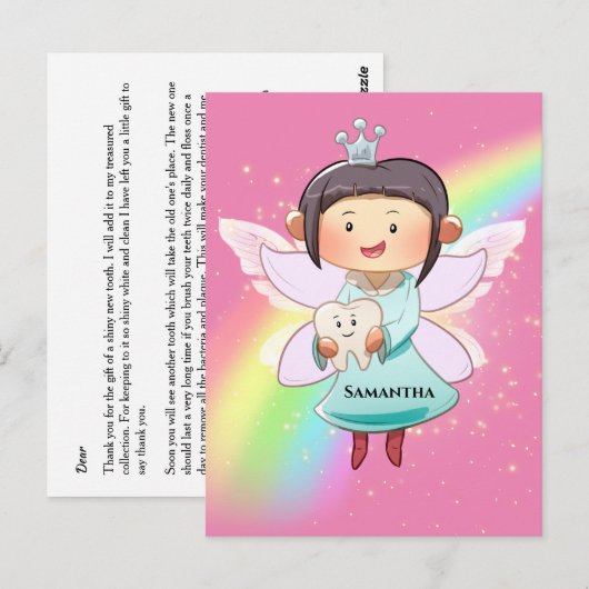 Tooth fairy roze regenboogschoorsteen glitter briefkaart (Voorkant / Achterkant)