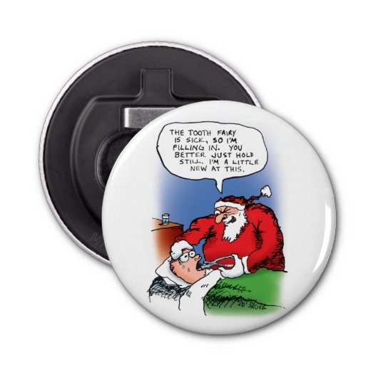 Tooth Fairy Santa Funny-kerstCartoon Button Flesopener (Voorkant)