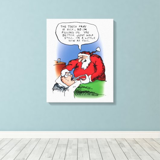 Tooth Fairy Santa Funny-kerstCartoon Canvas Afdruk (Insitu (Houten vloer))