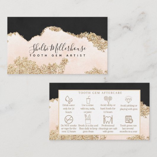 Tooth Gem Aftercare Black Pink Gold Instruction Visitekaartje (Voorkant / Achterkant)