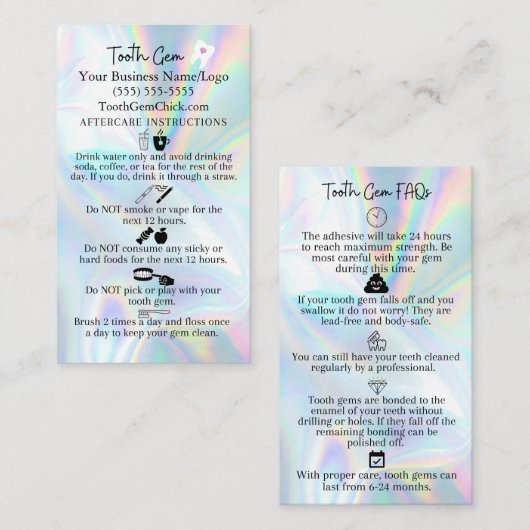 Tooth Gem Aftercare Instruction Card Visitekaartje (Voorkant / Achterkant)