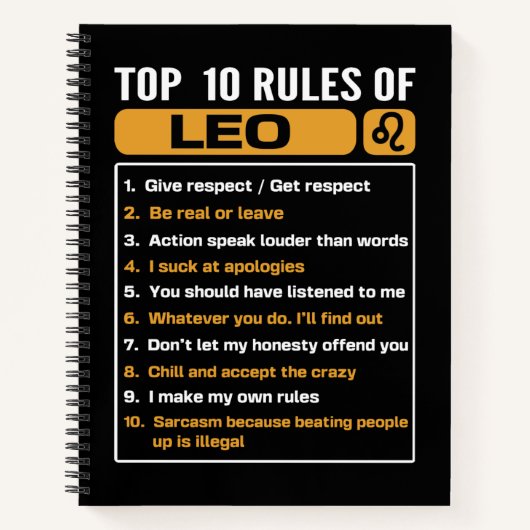 Top 10 Rules Of Leo, Leo Facts Traits Notitieboek (Voorkant)