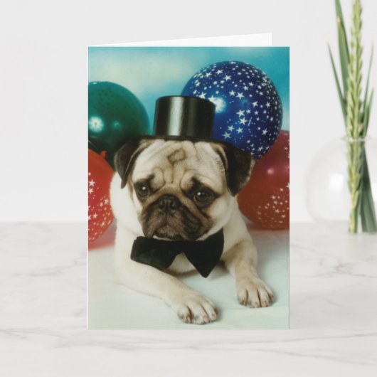Top Hat Birthday Pug Kaart (Voorkant)