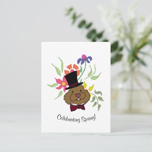 Top Hat Bow Stropdas Spring Flowers Groundhog Feestdagenkaart (Staand voorkant)