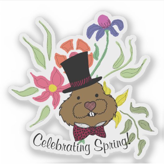 Top Hat Bow Stropdas Spring Flowers Groundhog Sticker (Voorkant)