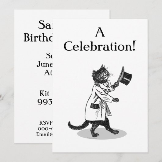 Top Hat Cat Aangepaste Uitnodiging Sjabloon (Voorkant / Achterkant)