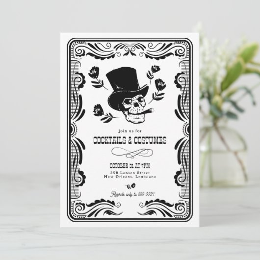 Top Hat Skull Adult Halloween Party Kaart (Staand voorkant)