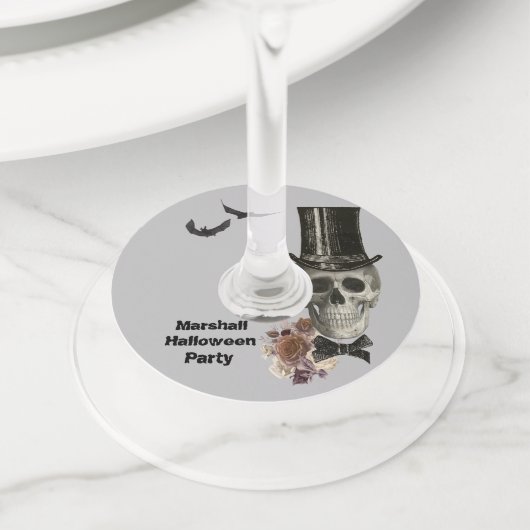 Top Hat Skull Halloween Wijnglaslabel (Dichtbij)