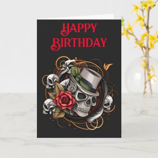 Top Hat Skull verjaardagskaart Kaart (Gele Bloem)