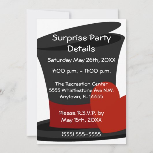 Top Hat Surprise verjaardagsfeestje uitnodiging (Achterkant)