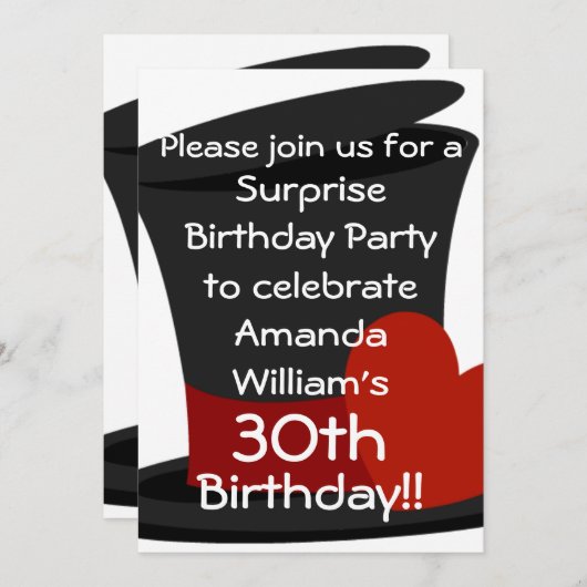 Top Hat Surprise verjaardagsfeestje uitnodiging (Voorkant / Achterkant)