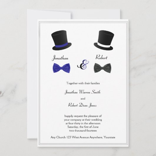 Top Hats and Bow Stropdassen Blue Gay Wedding Invi Kaart (Voorkant)