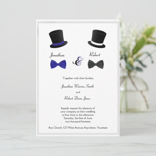 Top Hats and Bow Stropdassen Blue Gay Wedding Invi Kaart (Staand voorkant)