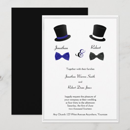 Top Hats and Bow Stropdassen Blue Gay Wedding Invi Kaart (Voorkant / Achterkant)