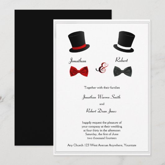 Top Hats and Bow Stropdassen Gay Wedding Invitatio Kaart (Voorkant / Achterkant)