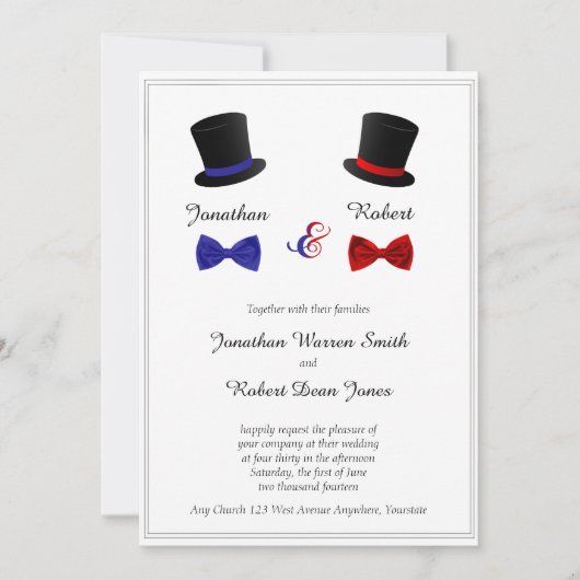 Top Hats and Bow Stropdassen Gay Wedding Invitatio Kaart (Voorkant)