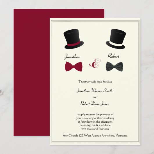 Top Hats Bow Stropdassen Burgundy Gay Weddenschap Kaart (Voorkant / Achterkant)