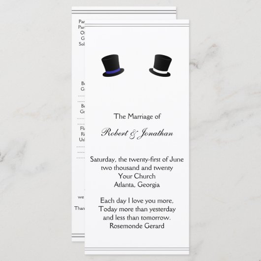 Top Hats en Bow Stropdassen Blue Gay Wedding Progr Programmakaart (Voorkant / Achterkant)