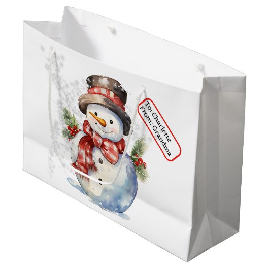 Top Hoed Snowman Aangepaste Naam Label Kerstsneeuw Groot Cadeauzakje (Voorkant Gekanteld)