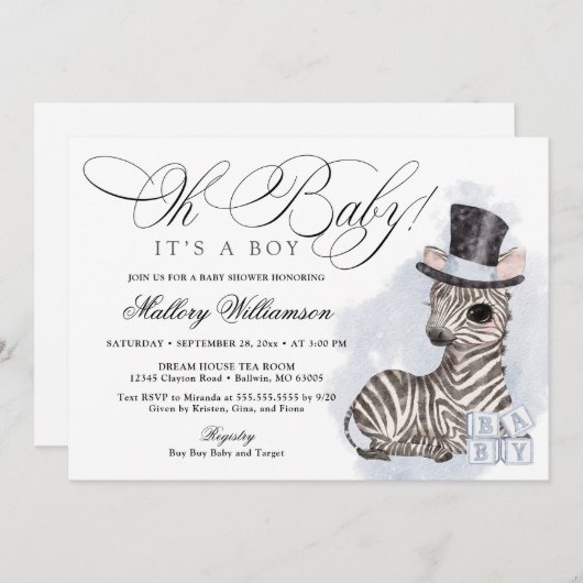Top Hoed Zebra Boy Baby shower Kaart (Voorkant / Achterkant)