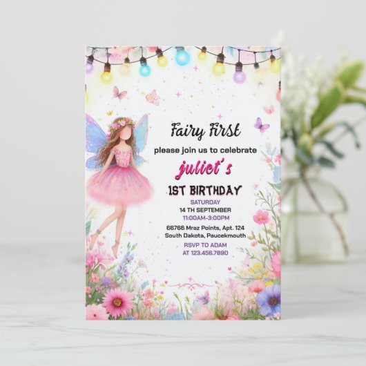 top schattig Floral roze meisje fee eerste 1e verj Kaart (Staand voorkant)