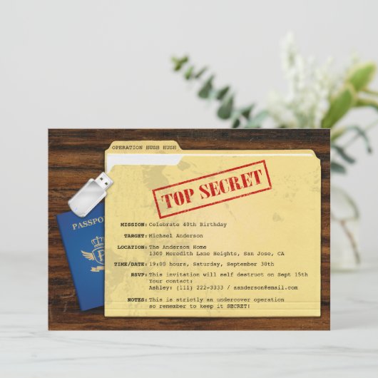 Top Secret Agent Mission Surprise Party Uitnodigin Kaart (Staand voorkant)