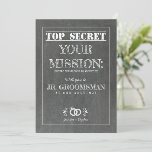 Top Secret Mission - Junior Groomsman Voorstel Kaart (Staand voorkant)