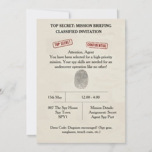 Top Secret Spy Mission Kinder Partij Kaart (Voorkant)