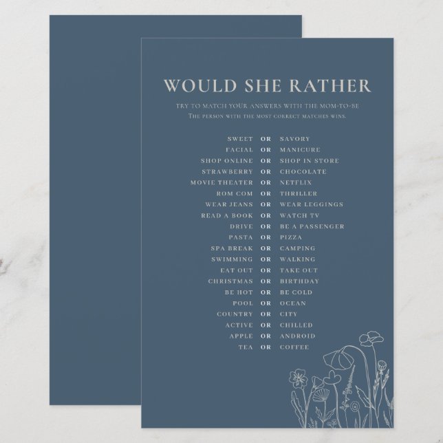 Topaz Blue Wildflower Line Art zou ze liever (Voorkant / Achterkant)