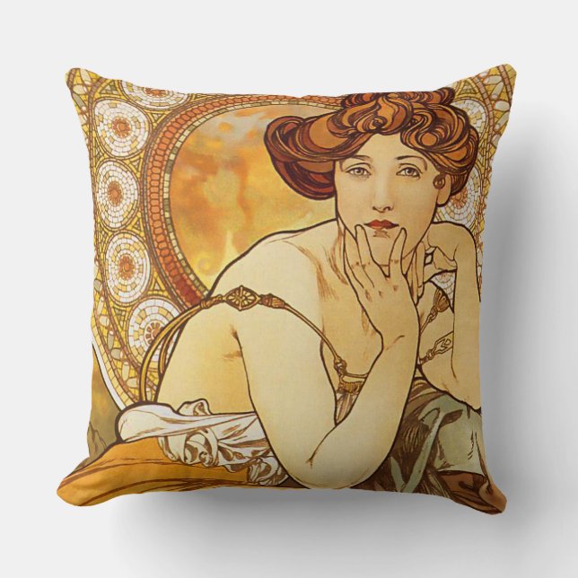 Topaz Pareltjes Series, Alphonse Mucha Art Nouveau Kussen (Voorkant)