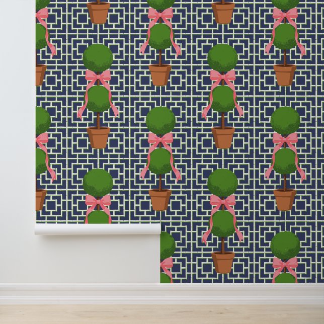 Topiaire Navy Bamboe Lattice Peel & Stick  Behang (Applicatie)