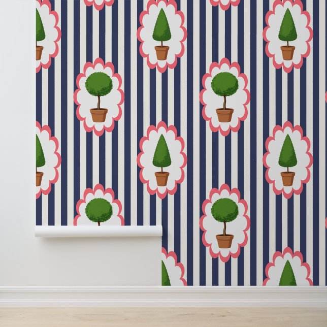 Topiaire Tuin Navy Cabana Streep Peel & Stick  Behang (Applicatie)