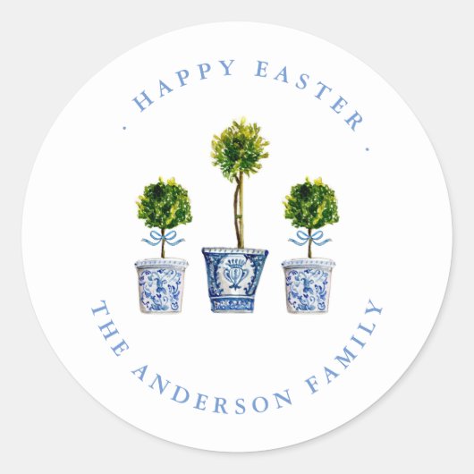 Topiaries Blauw & Wit Happy Pasen Label / Stempel (Voorkant)