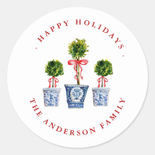 Topiaries met Red Bow Holiday Label / Seal